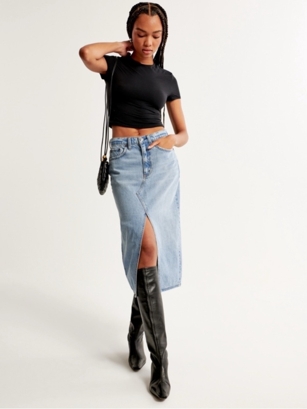 Abercrombie & Fitch Light Blue Denim Midi Skirt high Rise with Front Slit